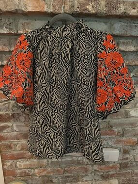 THML Black-and Brown Zebra Blouse with Bright Orange Floral Puff Sleeves